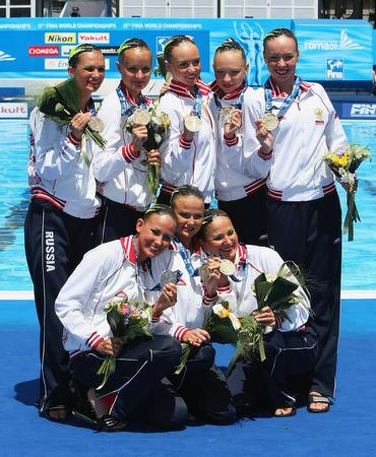 Team Russia celebrate winning Gold after the Womens Synchronised Swimming Team Technical Final at the Stadio del Nuoto Sincronizzato on Sunday in Rome, Italy.