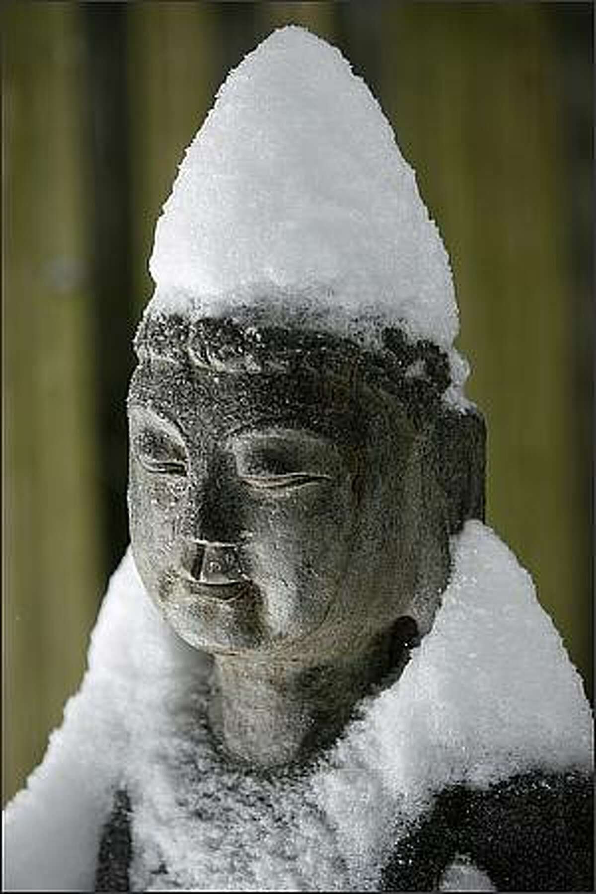 Looking a bit like St. Nick, a carved stone Buddha sports a conical cap and cloak of snow at Mike Urban's home on Vashon Island.