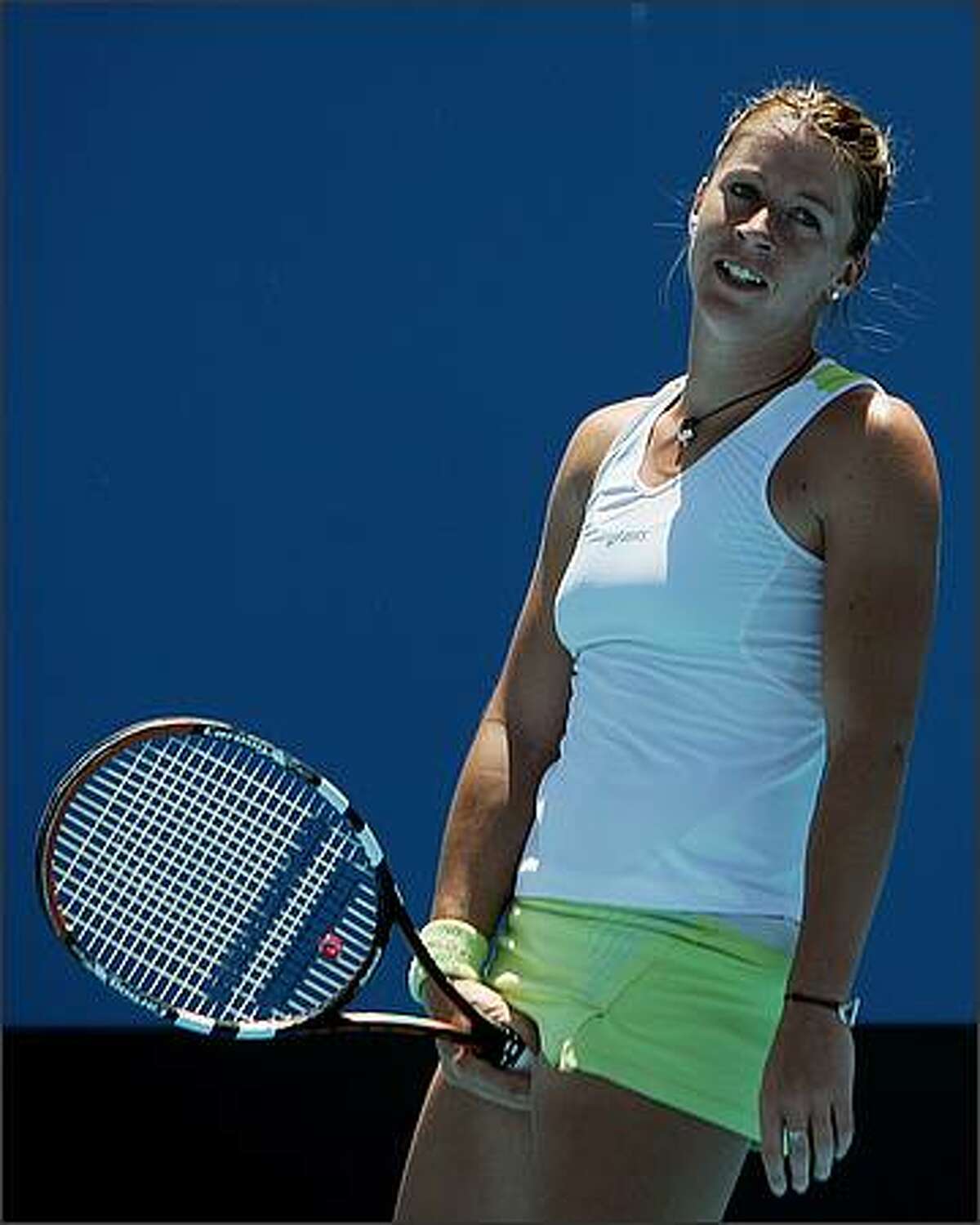 Pauline Parmentier of France reacts after a point during her second round match against Agnieszka Radwanska of Poland on day four of the Australian Open 2008 at Melbourne Park in Melbourne, Australia. (Photo by James Knowler/Getty Images)