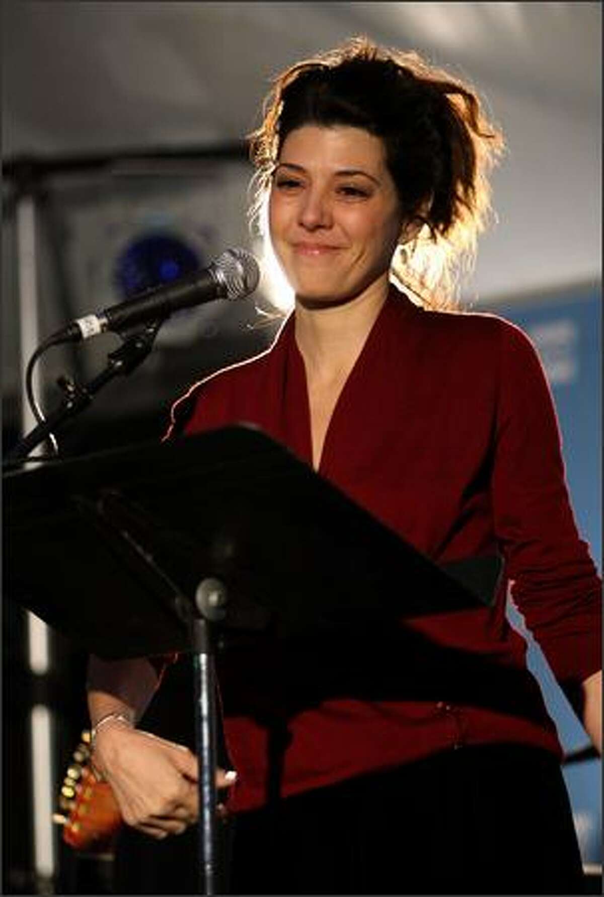 Actress Marisa Tomei speaks on stage at The People Speak ASCAP Music Cafe performance held during the 2009 Sundance Music Festival on Thursday in Park City, Utah.