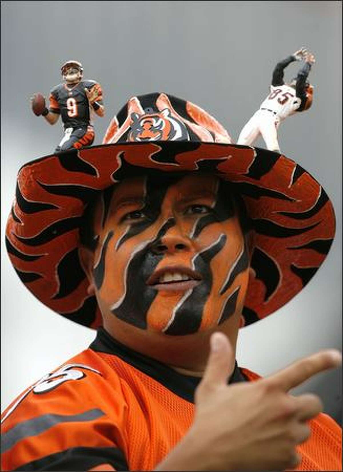 A Cincinnati Bengals fan watches a game against the Tennessee Titans during the second quarter of their NFL game Sept. 14.