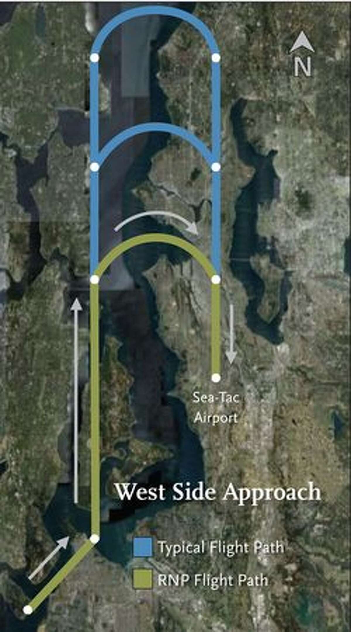 West side approach flight paths to Seattle-Tacoma International Airport with and without RNP (Alaska Airlines image)