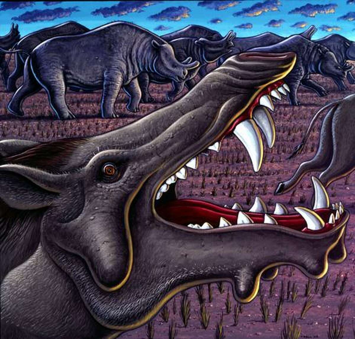Killer pigs and titanotheres, by Ray Troll. On view in Cruisin' the Fossil Freeway, December 19, 2009 – May 3, 2010, Burke Museum, Seattle.