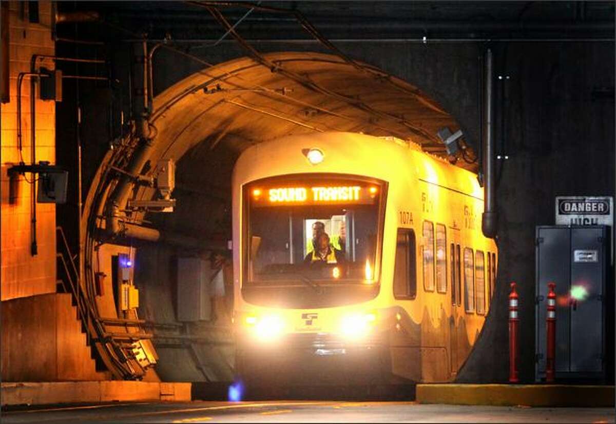 A Sound Transit train makes its way through the Downtown Seattle Transit Tunnel during testing of the city's new light-rail system. Link will connect downtown Seattle to Sea-Tac International Airport and points in between.