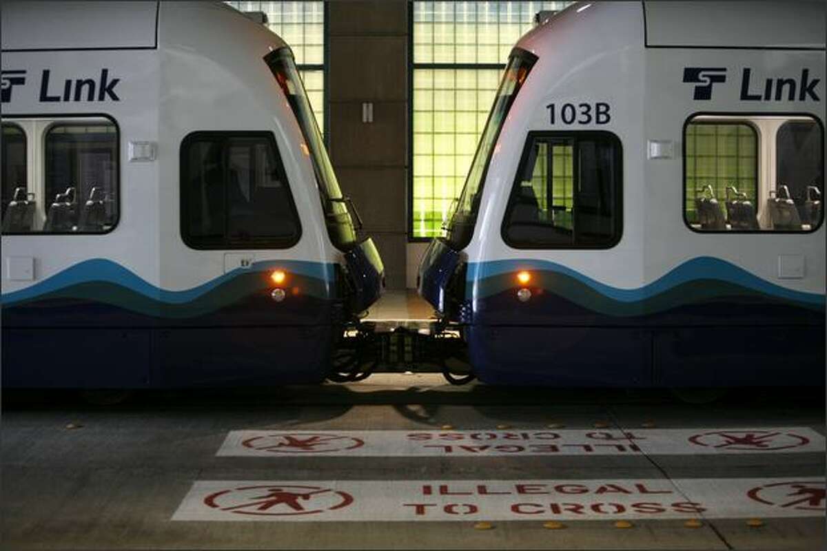 A Sound Transit train stops in the Downtown Seattle Transit Tunnel during testing of the new Link light-rail system. Link is scheduled to begin service in July.