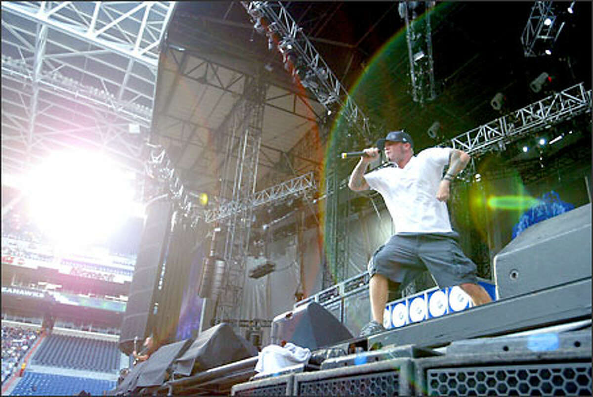 Fred Durst of the band Limp Bizkit preforms at the Summer Sanitarium Tour featuring Metallica at Seahawks Stadium.