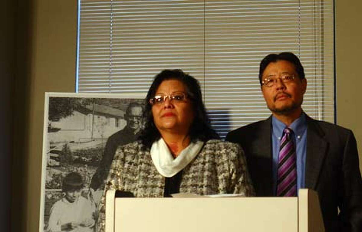 Clarita Vargas, a Colville Tribe member and Yakima resident abused at an Omak boarding school, and attorney Blaine Tamaki speak to reporters Friday after announcing an $166 million settlement with the Northwest division of the Catholic Jesuit order. Pending court approval, the settlement will be paid to about 470 people abused as children at boarding schools operated by the Society of Jesus, Oregon Province, including the Omak school where Vargas was victimized.