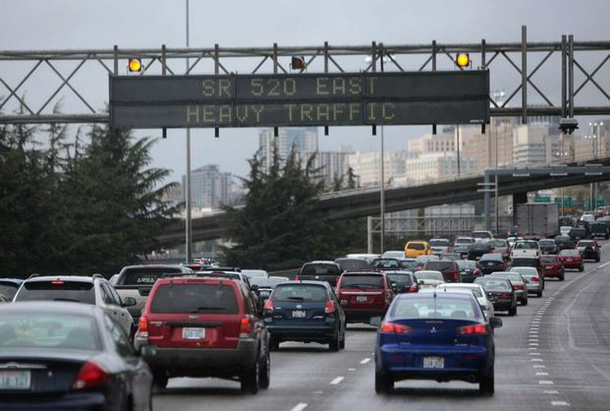 Traffic is backed up on Interstate 5 because of winds blowing across the 520 floating bridge on Friday April 2, 2010.