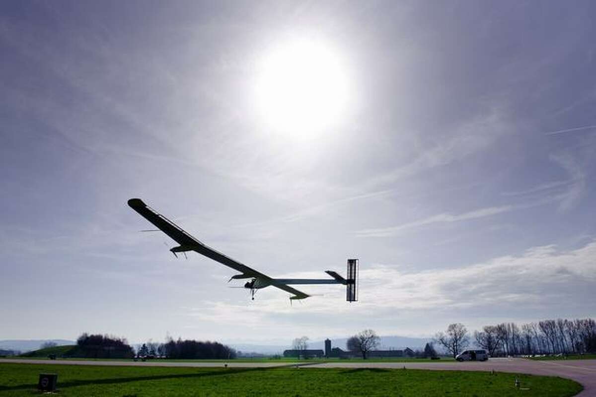 The Solar Impulse aircraft takes off on its first test flight on April 7, 2010 from Payerne's air base, western Switzerland.