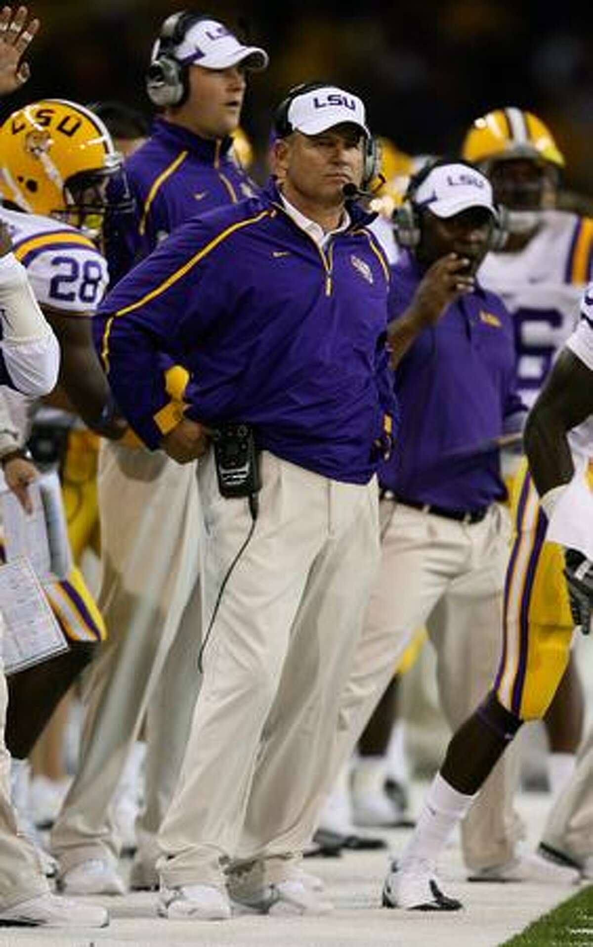 SEATTLE - SEPTEMBER 05: Head coach Les Miles of the LSU Tigers looks on from the sidelines during the game against the Washington Huskies on September 5, 2009 at Husky Stadium in Seattle, Washington. The Tigers defeated the Huskies 31-23.