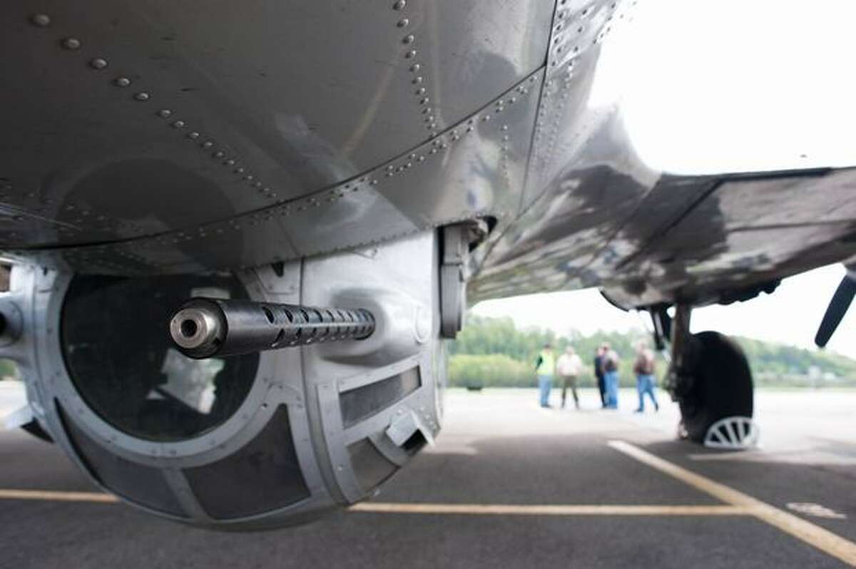 A view of the ball turret below the Liberty Foundation's restored Boeing B-17 bomber "Liberty Belle" at Boeing Field, in Seattle.