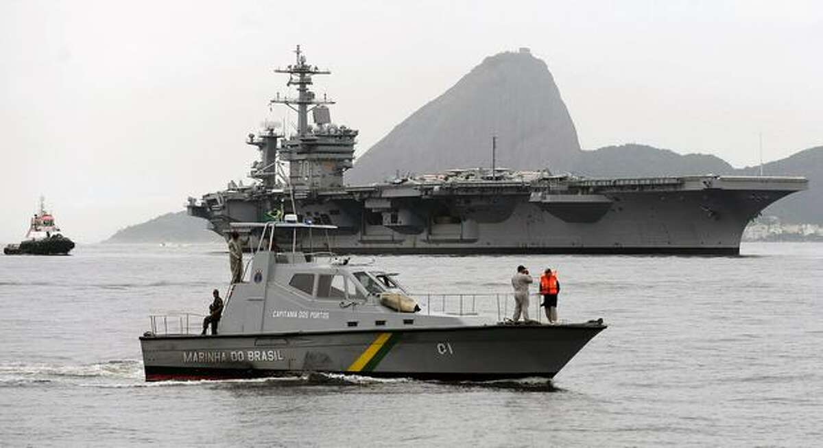 The USS Carl Vinson arrives at Guanabara Bay in Rio de Janeiro, Brazil, coming from Haiti. The Carl Vinson carries Boeing F/A-18E/F Super Hornet fighters, similar to those Boeing offered to Brazil's Air Force in August 2009.
