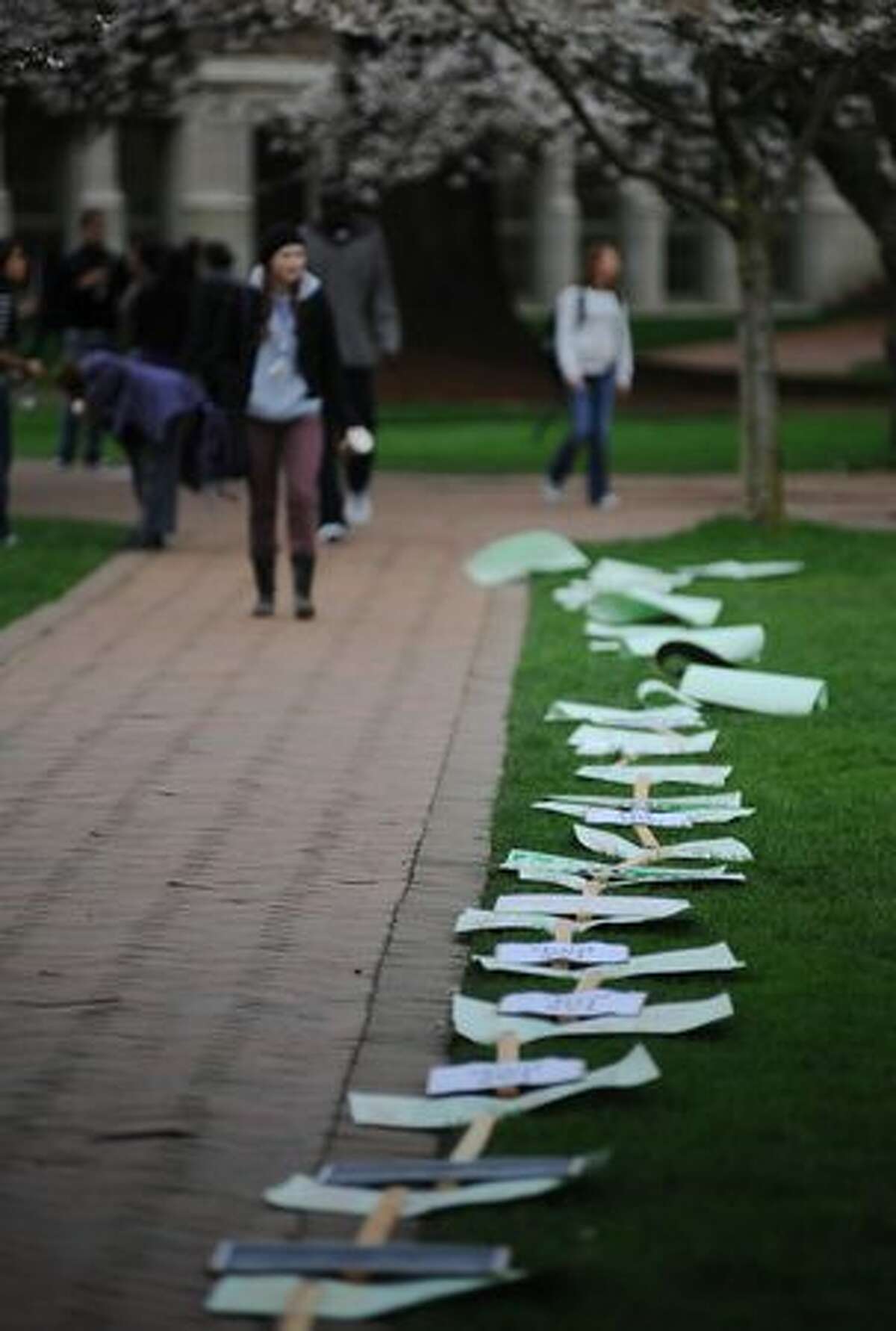 Picket signs line the grass lawn in the Quad.