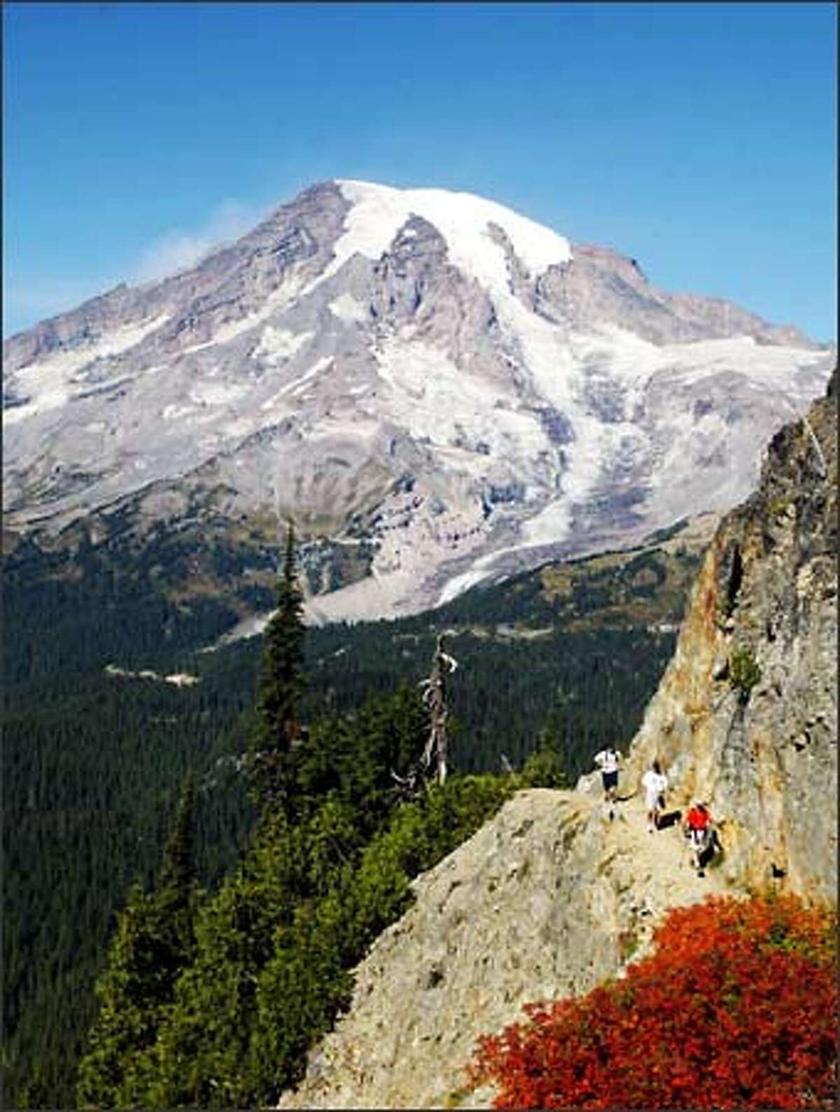 Hikers make their way up the trail to Pinnacle Saddle in Mount Rainier National Park.