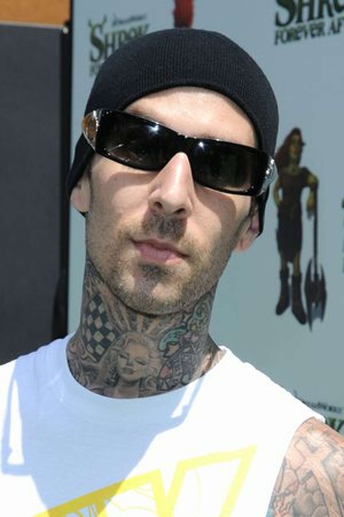 Musician Travis Barker arrives at the premiere of DreamWorks Animation's "Shrek Forever After" at Gibson Amphitheatre.