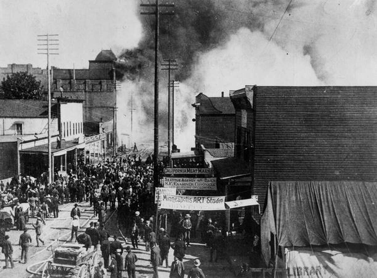 The Great Seattle Fire, which started the afternoon of June 6, 1889. This photo was taken on what's now First Avenue. The fire destroyed Seattle's business district - 29 square blocks including the railroad terminals and nearly all of the city's wharves.