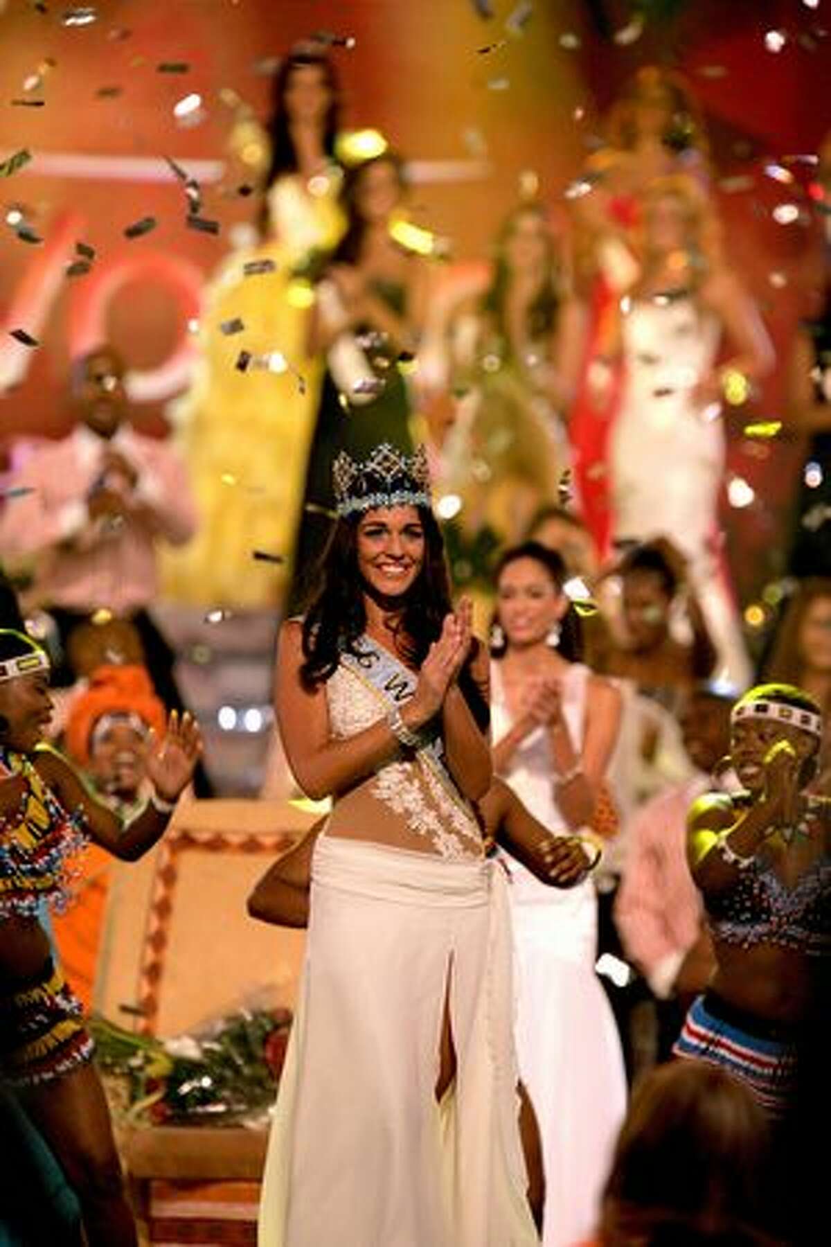 Miss Gibraltar Kaiane Aldorino is crowned Miss World 2009 at Gallagher Convention Center in Johannesburg, South Africa.