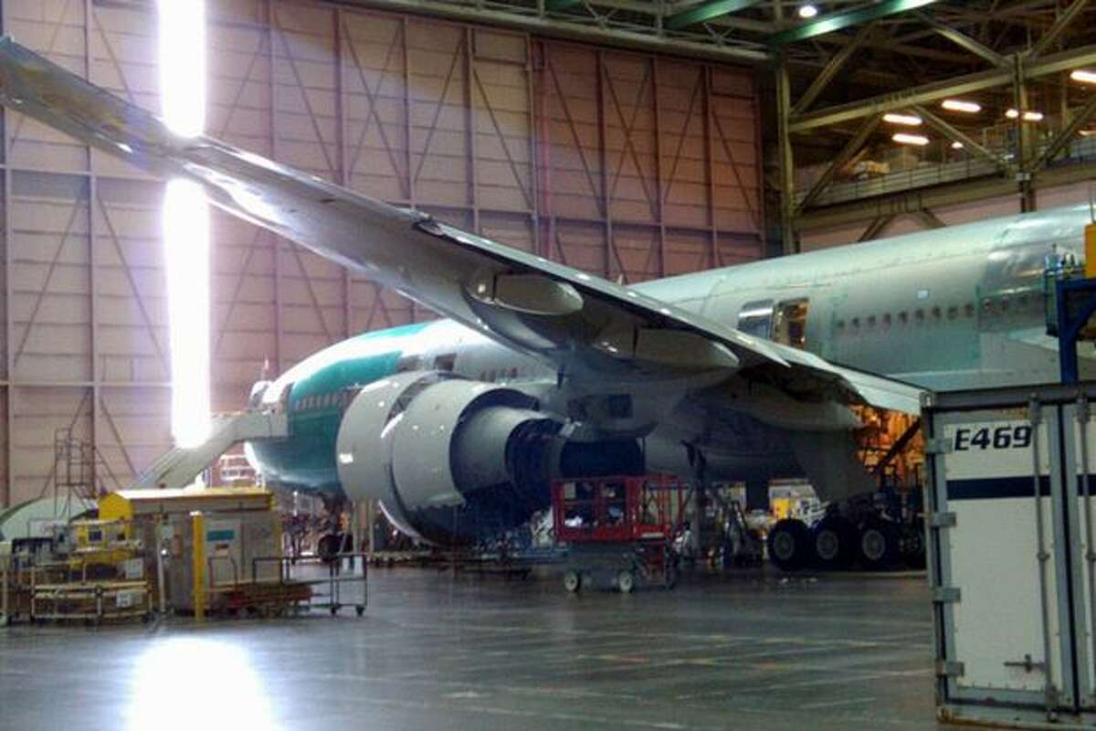A 777 in production in Boeing's wide-body plant in Everett, Wash.