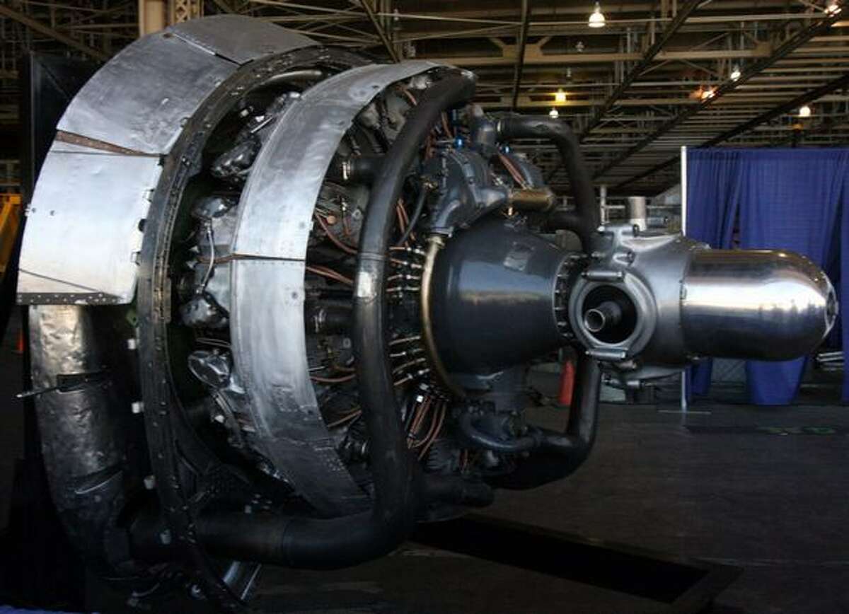 A B-29 Wright 3350 engine on display during a ceremony at Boeing's Plant 2 to mark the 75th anniversary of the B-17's first flight.