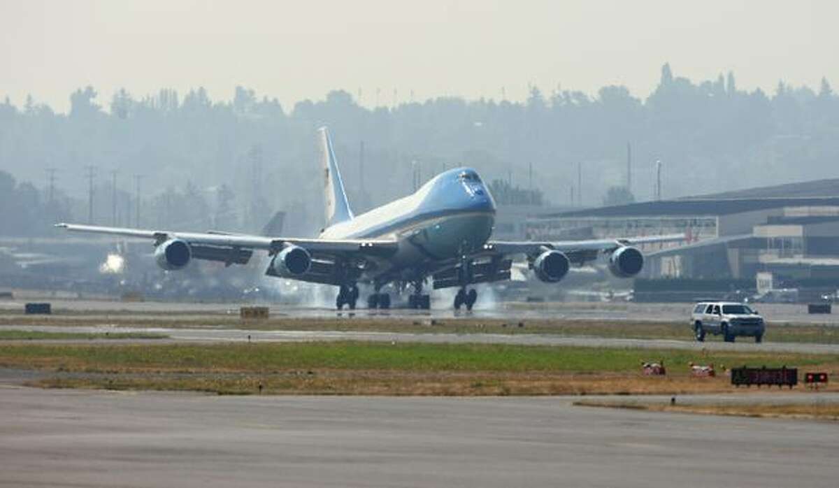 Air Force One lands at Boeing Field in Seattle as U.S. President Barack Obama arrives for a fundraising event in Seattle.