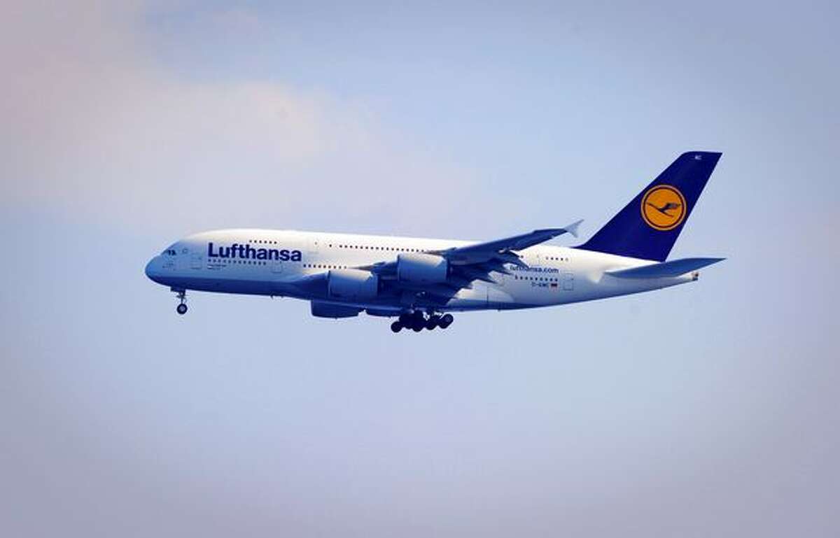 A Lufthansa Airbus 380 performs during the "The Party of Heaven" air show 2010" in Barcelona.