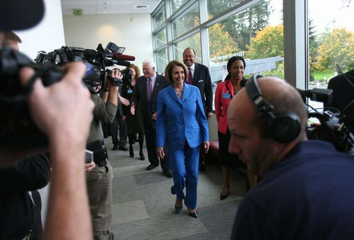 House Speaker Nancy Pelosi prepares to enter Microsoft's Home of the Future on Thursday at the Microsoft campus in Redmond.