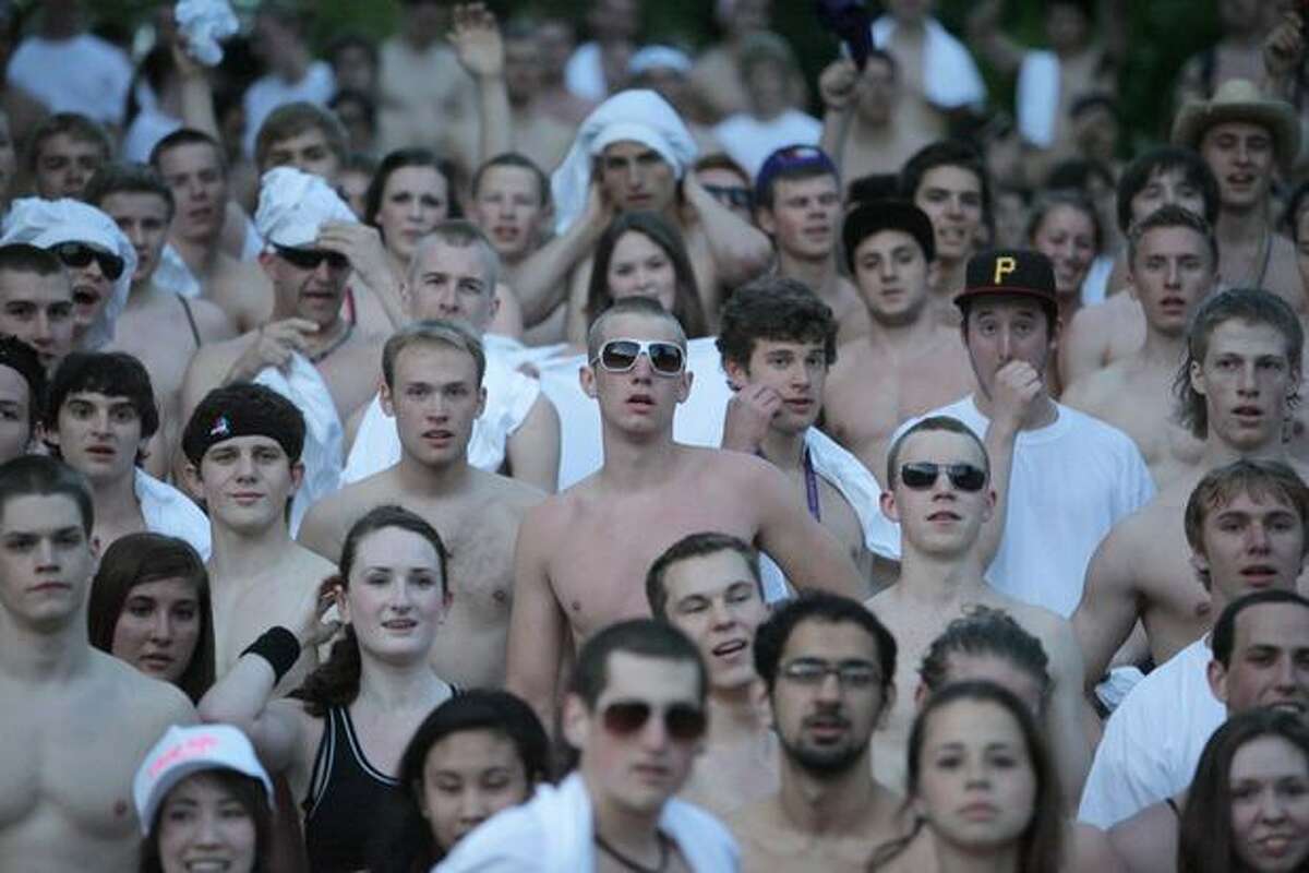 University of Washington students gather after running in the "AXE Undie Run Challenge" on the UW campus on Tuesday May 11, 2010. During the Undie Run students donated their clothes to charity and then ran a course around campus in their skivvies.