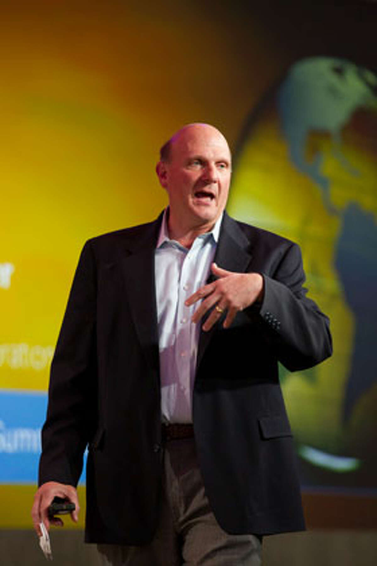 Microsoft CEO Steve Ballmer addresses global business leaders at the Microsoft CEO Summit 2010 on Wednesday, May 19, in Redmond.