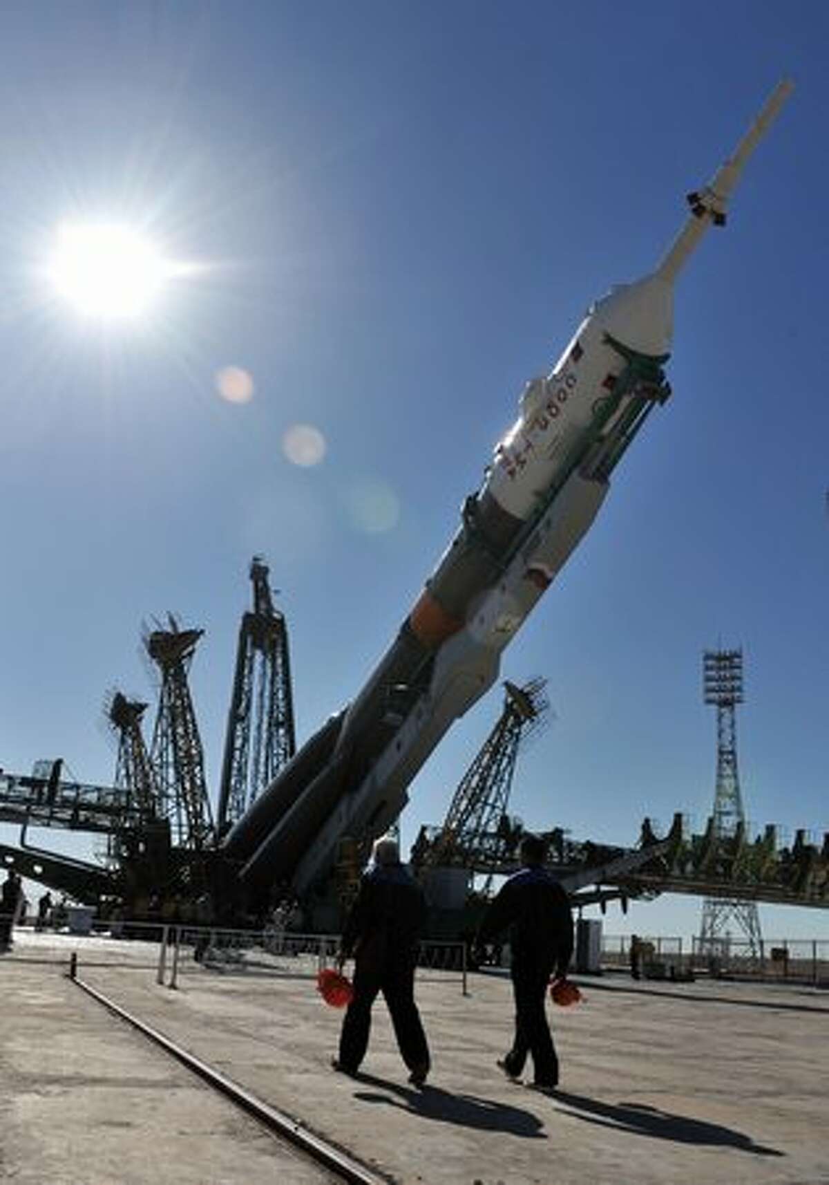Russian Soyuz TMA-19 spacecraft is installed on its launch pad at the Baikonur Cosmodrome in Kazakhstan.