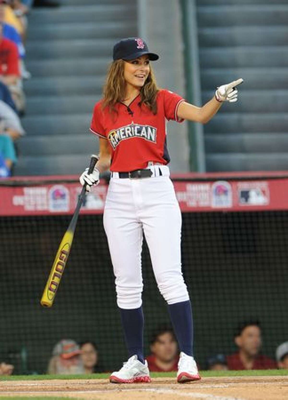 TV personality Maria Menounos at bat during the MLB All Star Game Celebrity Softball Game at Angels Stadium in Anaheim, California.