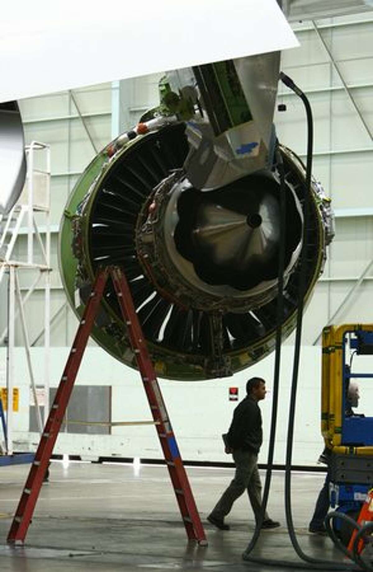 A new GEnx engine is showon on a 747-8 freighter during a tour of the Boeing 747-8 Intercontinental and Freighter assembly line on Saturday, February 12, 2011 at the Boeing plant in Everett.
