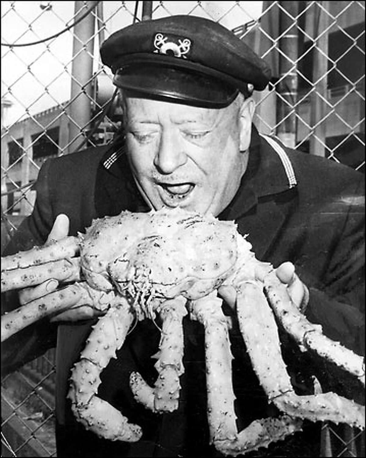 Ivar Haglund and King Crab, 1964: Longtime restaurateur and Seattle folk legend Ivar Haglund opened his first fish-and-chips stand in 1938 on the Seattle waterfront. Haglund eventually built a restaurant chain that still bears his name. Haglund was known for promotions and publicity stunts, but he also had a soft spot for local causes. He died in 1985 at age 79.