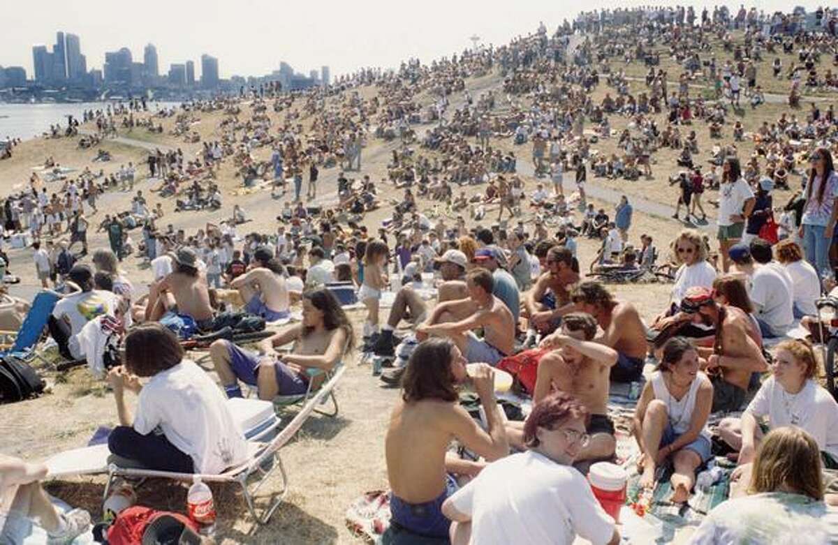 A crowd estimated at 25,000 attended the 4th Annual Seattle Hempfest at Gasworks Park in 1994. The event moved to Myrtle Edwards Park in 1995. (Photo by Jim Davidson)