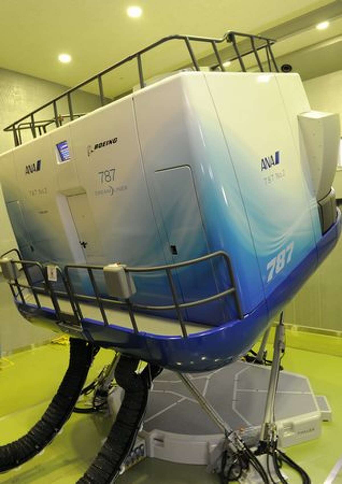 An All Nippon Airways flight simulator for Boeing's 787 Deamliner is displayed at ANA's training center near Tokyo's Haneda airport.