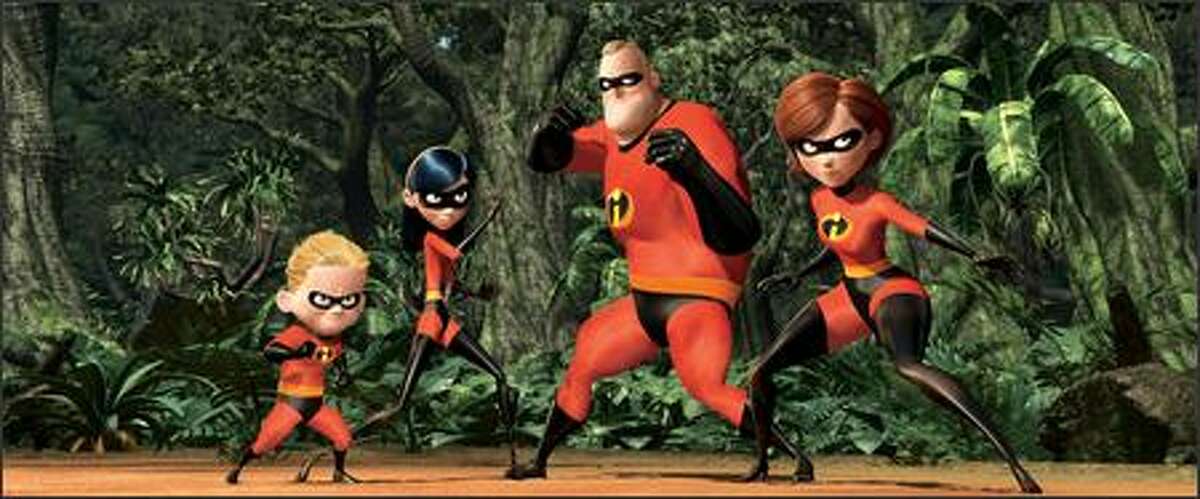 The family that fights super-villainy together: (left to right) super-speedy Dashiell "Dash" (Spencer Fox), invisible Violet (Sarah Vowell), dad Bob aka "Mr. Incredible" (Craig T. Nelson) and mom Helen aka "Elastigirl" (Holly Hunter).
