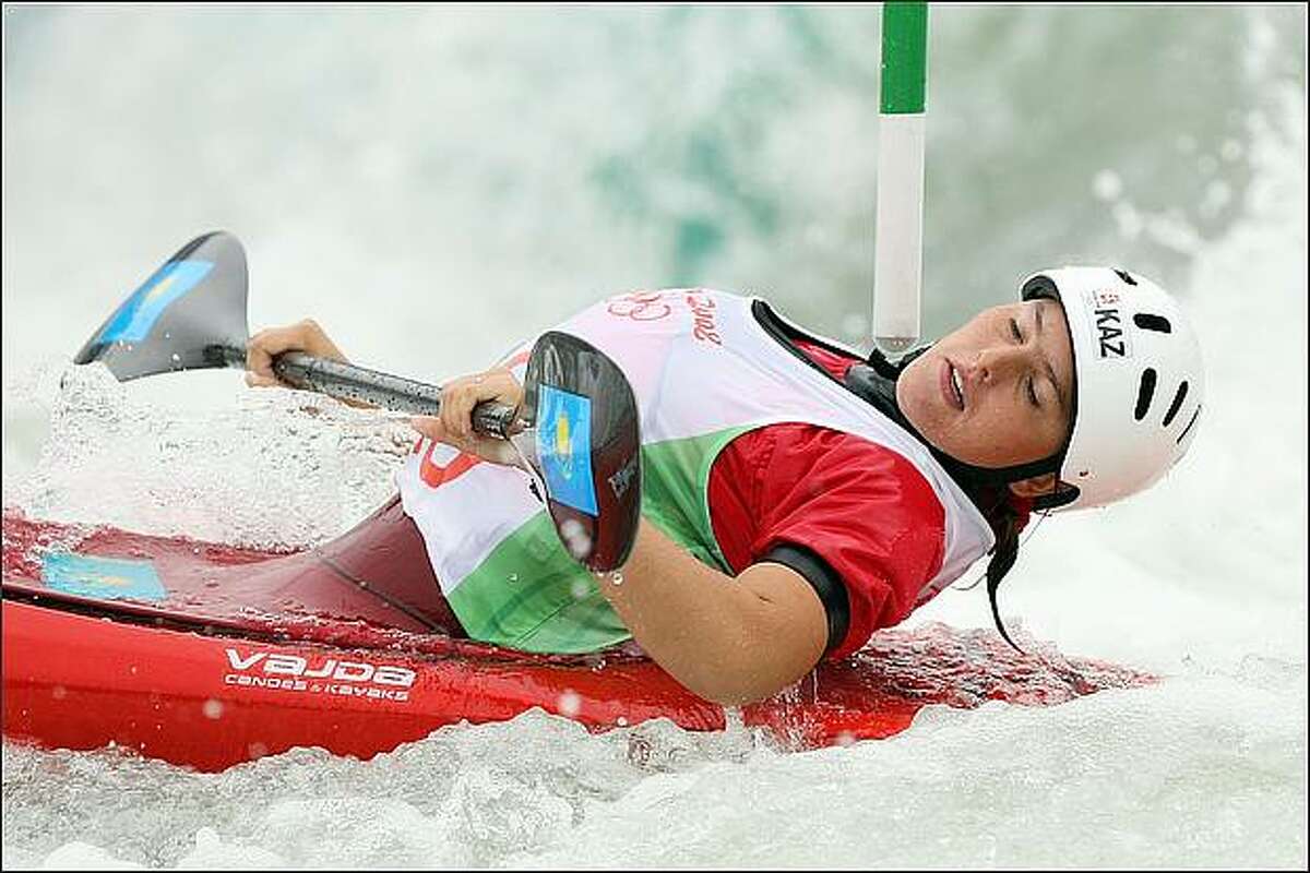 Yekaterina Lukicheva of Kazakhstan competes in the canoe/kayak slalom event at the Shunyi Olympic Rowing-Canoeing Park during Day 5 of the Beijing 2008 Olympic Games in Beijing, China. (Photo by Jed Jacobsohn/Getty Images)