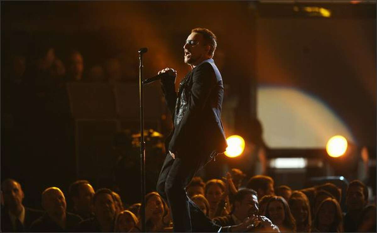 Bono of U2 performs during the opening of the 51st annual Grammy Awards held at the Staples Center in Los Angeles on Sunday, Feb. 8, 2009.