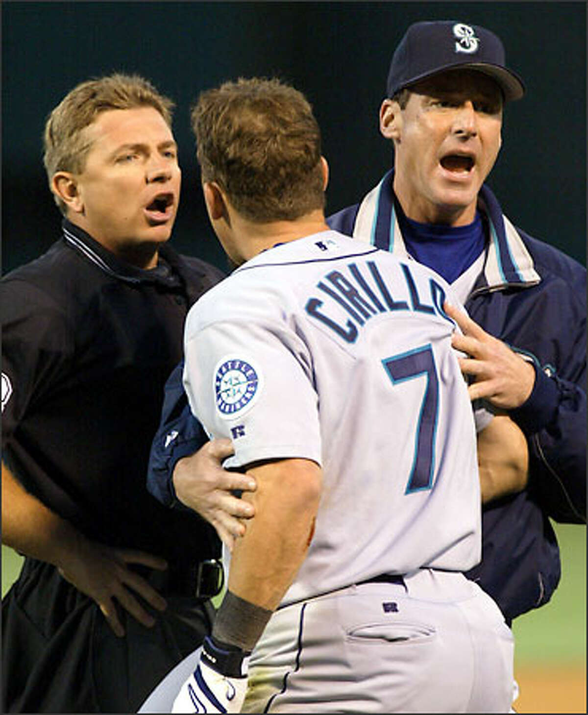 Manager Bob Melvin fails to prevent Jeff Cirillo from being ejected by home plate umpire Greg Gibson.