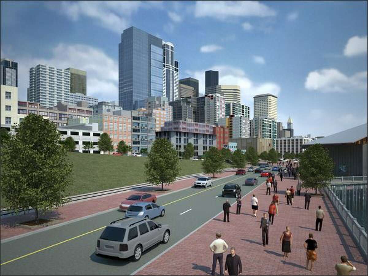 Waterfront street level view looking south near Seattle Aquarium. Scenarios A and B -- surface boulevard -- appear identical in this view. Scenario A combines lower cost investments in new roads or transit service with a maximum effort to manage transportation demand. Alaskan Way would be two lanes in each direction north of Yesler Way, with bike lanes and parking. There would be signalized intersections on the waterfront. This scenario would also reconnect the east/west street grid north of the Battery Street Tunnel with new signalized intersections on Aurora Avenue North. Scenario B is similar to Scenario A, but it has more capital investments and more aggressive transit improvements.