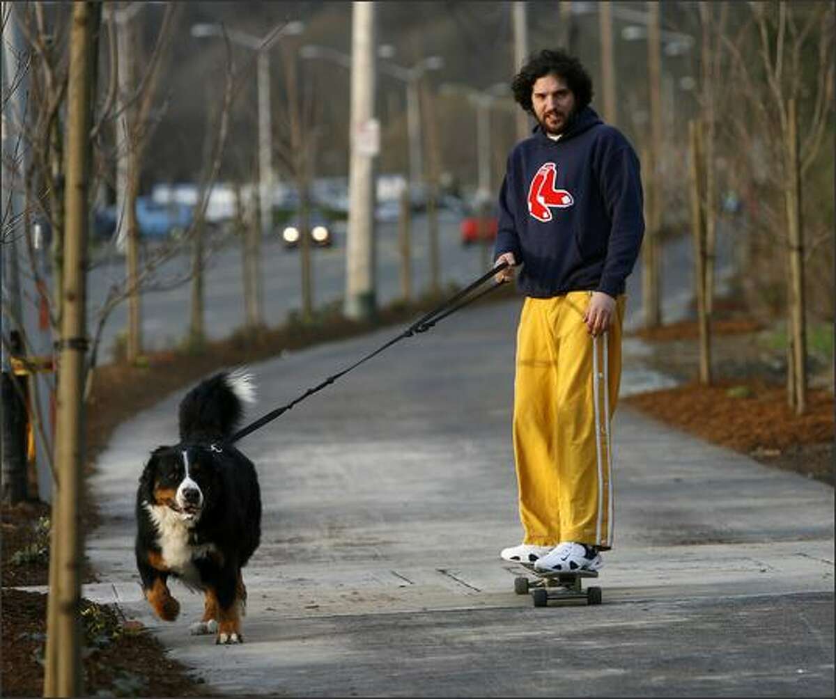 Matt Yoder is pulled along on his skateboard by "Big Papi," his Bermese Mountain Dog, down the newly paved cycling and pedestrian path bordering Seaview Avenue NW in Seattle.