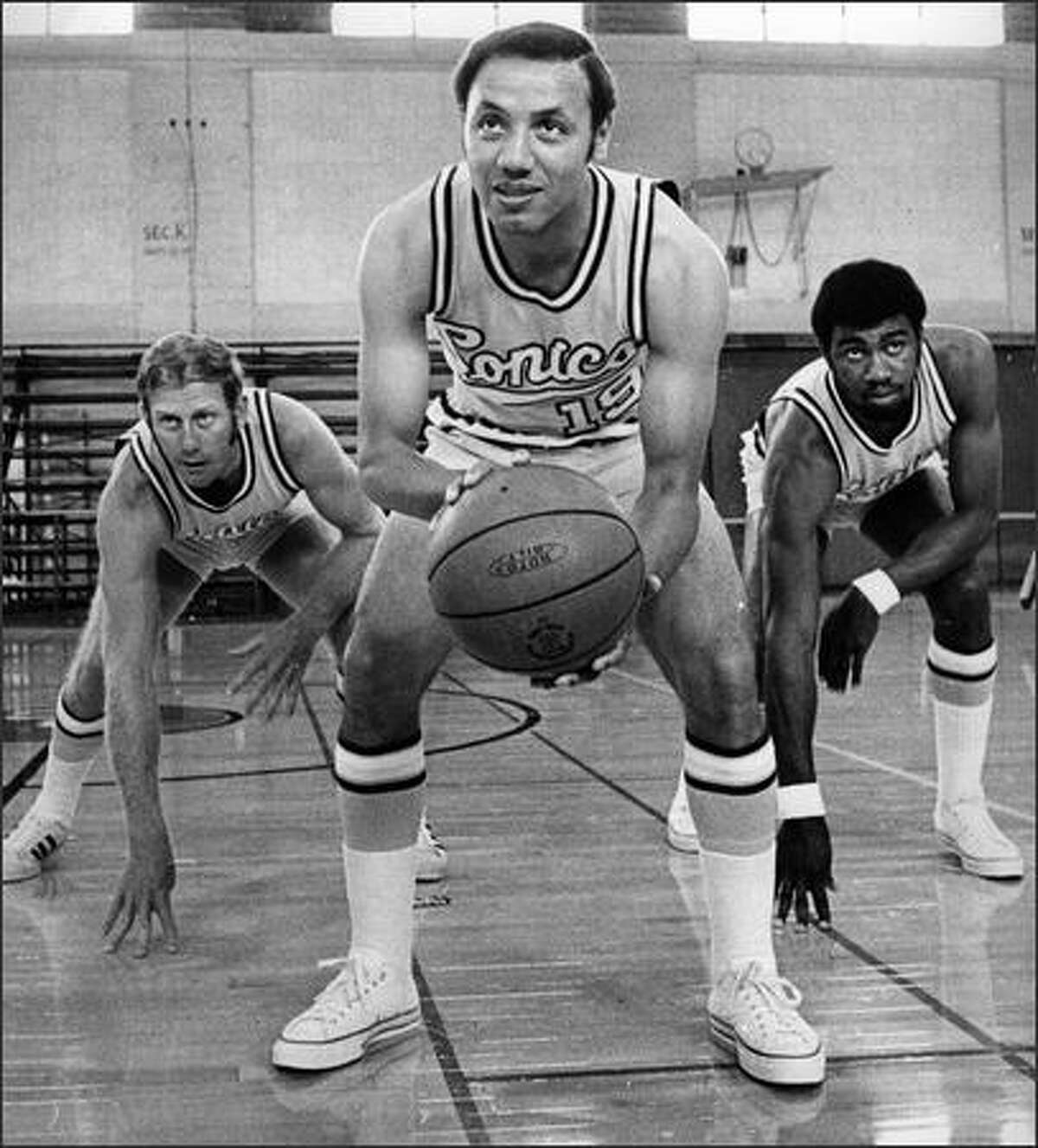Seattle SuperSonics players Don Kojis, Lenny Wilkens and Garfield Heard in this September, 1970 P-I photo. (Seattle Post-Intelligencer photo)