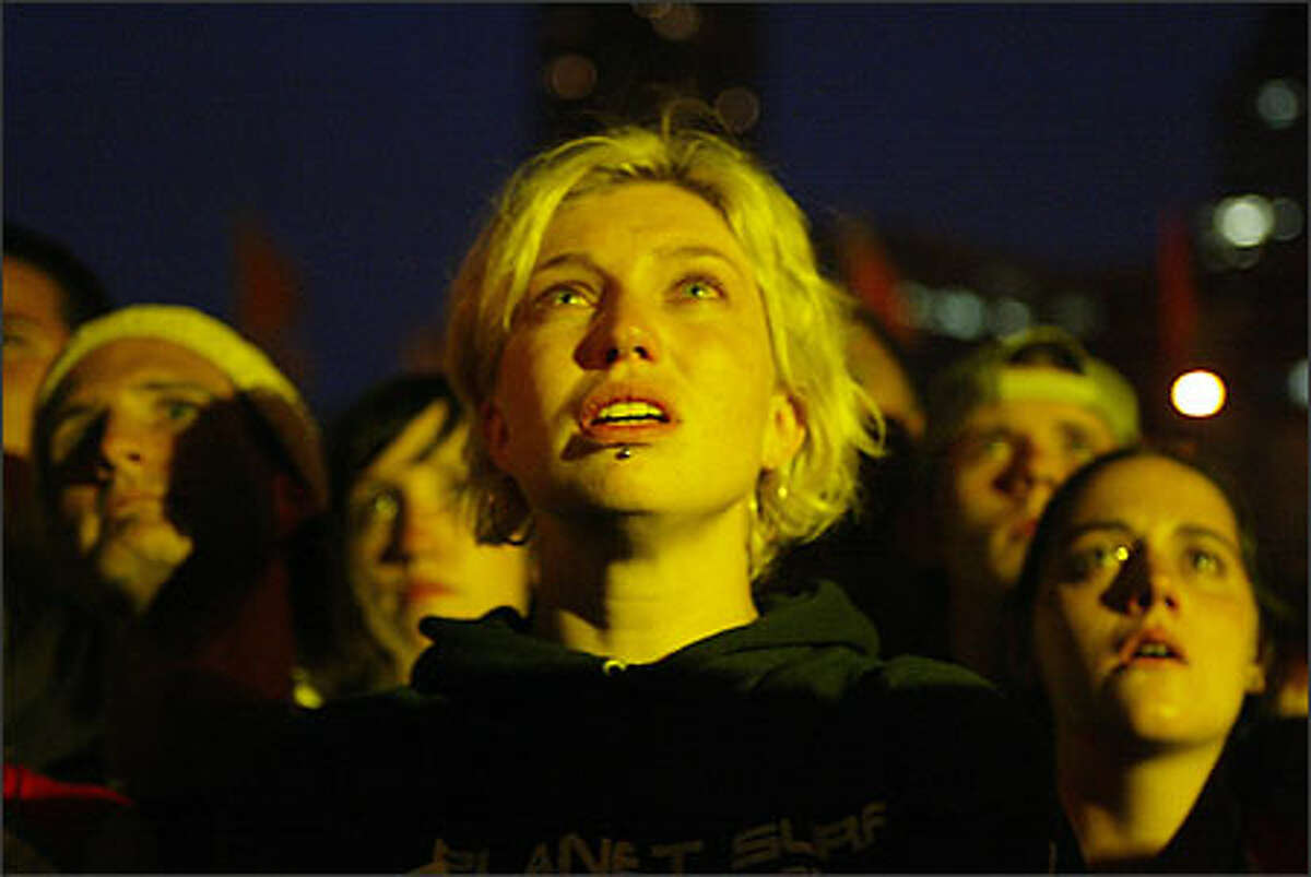Enraptured fans at the front of the audience for Bjork's performance at Pier 62/63. Hundreds of fans watched from the street.