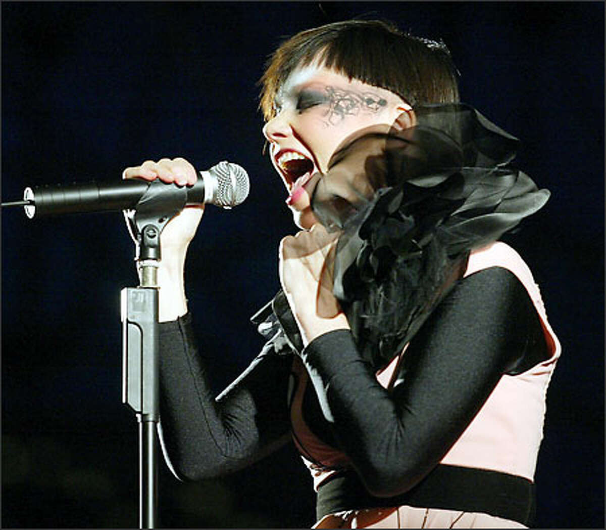 Icelandic singer Bjork opens her set at Pier 62/63, the second show of her U.S. tour and her first show in Seattle since 1995.