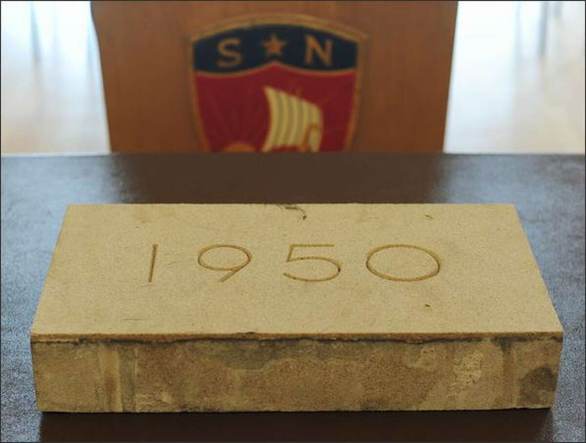 The cornerstone of the former Norway Center building in Seattle was given to the Leif Erikson Lodge, Sons of Norway Hall, by the demolition crew who discovered the time capsule.