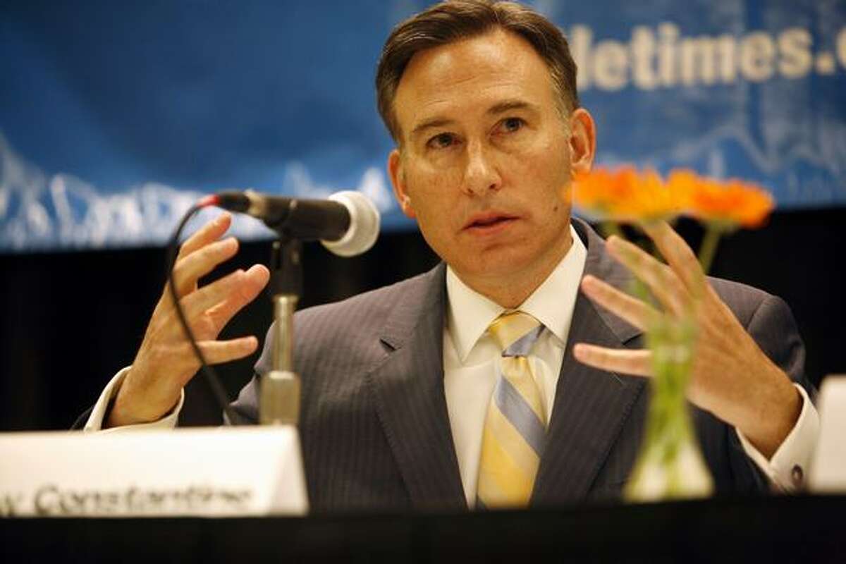 King County Executive candidates Dow Constantine gives his closing remarks during a debate for the executive position sponsored by CityClub and The Seattle Times at Meydenbauer Center in Bellevue on Thursday.