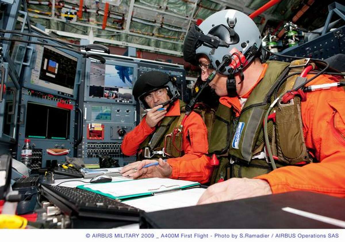 Flight crew prepare for first flight of Airbus' A400M on Dec. 11, 2009 in Seville, Spain. (Airbus photo)