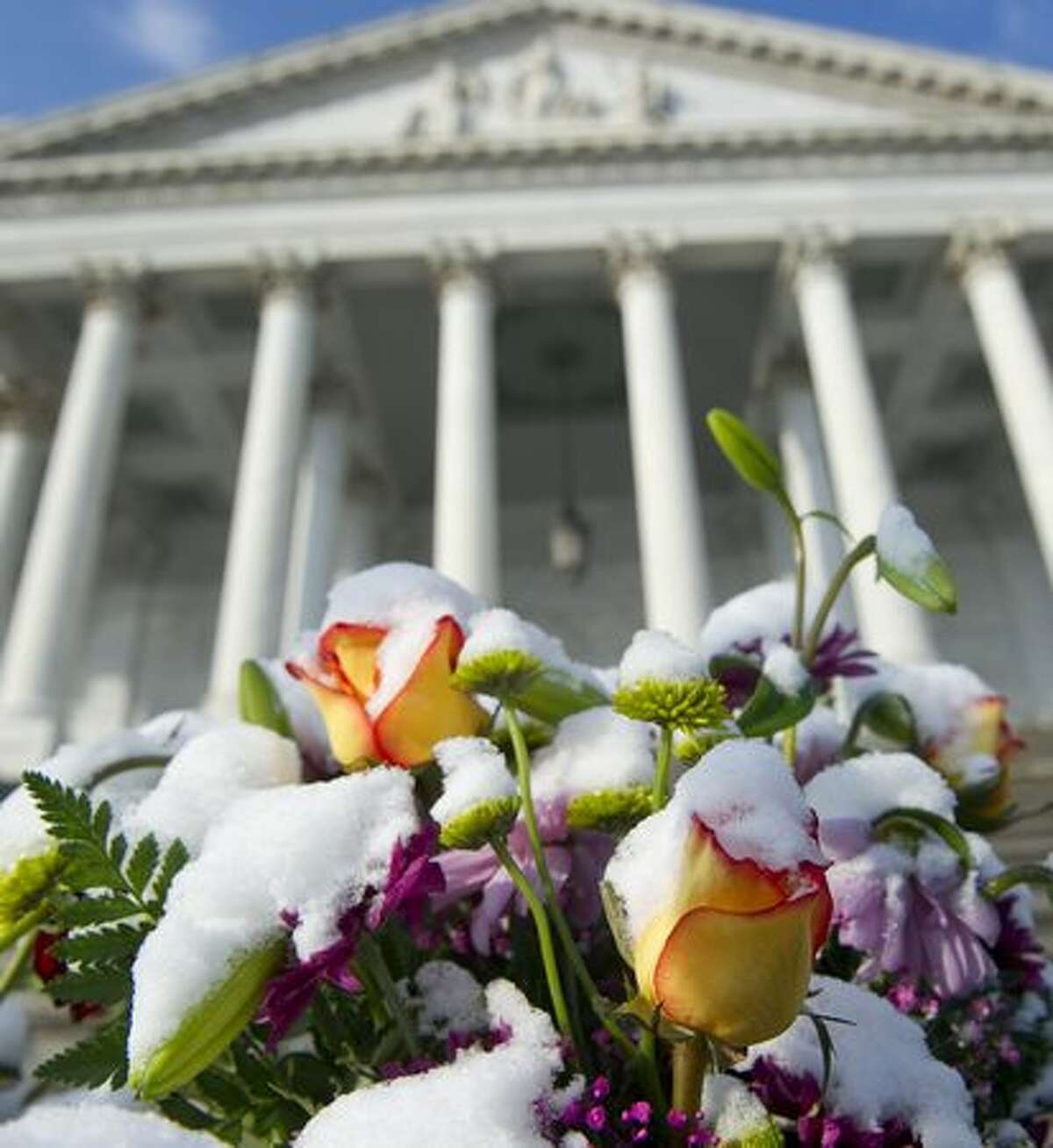 A layer of snow covers flowers left as part of a makeshift memorial on the East Front of the US Capitol in Washington, DC, Wednesday, in honor of the six people killed in the shooting in Tucson, Arizona, that also severely wounded Arizona Representative Gabrielle Giffords. US President Barack Obama is scheduled to travel to Tucson later today to attend a memorial service.