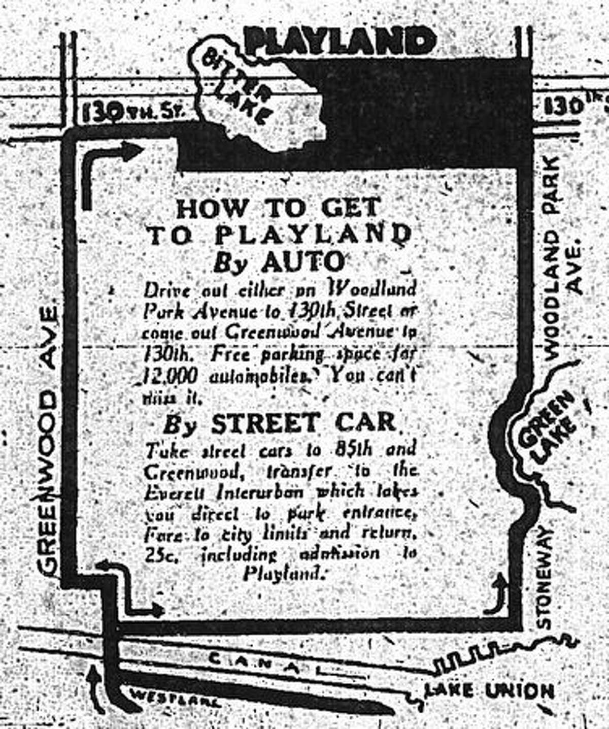 A map in a May 23, 1930 Seattle Post-Intelligencer ad showing where Playland was located.
