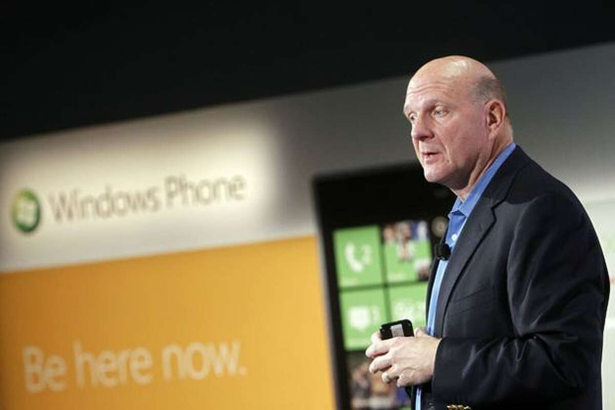 Microsoft CEO Steve Ballmer unveils the new Windows Phone 7 series of devices during a launch event Monday, Oct. 11, 2010, in New York City.