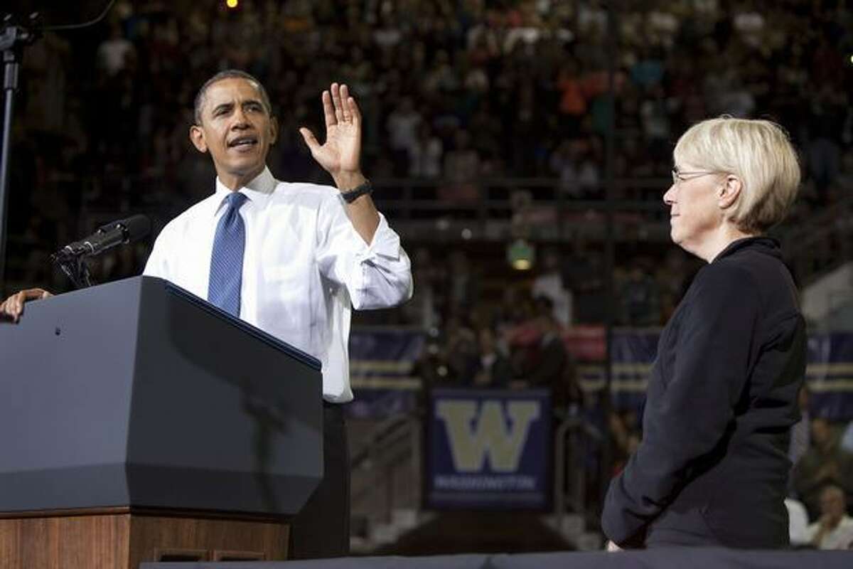Story: Obama tells big Jet City crowd: 'We need you fired up' By Amy Rolph: His approval rating might be down, but President Barack Obama can still draw a crowd in Seattle. I found that out when I covered the president's stump speech for Sen. Patty Murray this fall. Obama drew thousands to the University of Washington campus, many of whom waited for hours in lines that snaked down Montlake Boulevard. He told those in attendance: "Let me tell you Seattle, it's up to you to tell them you haven't forgotten...This election is a choice between two different visions of America. It's a choice between moving forward and falling backward." About a month later, Murray defeated opponent Dino Rossi in the November election. Click here to see photos of Obama in Seattle (Photo: Scott Eklund/Red Box Pictures/seattlepi.com file)